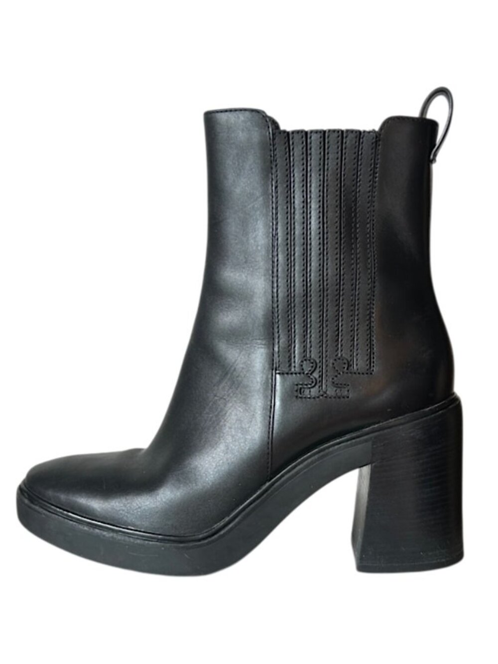 Tory Burch Chelsea Black Leather Monogram Boots Block Heel 9.5